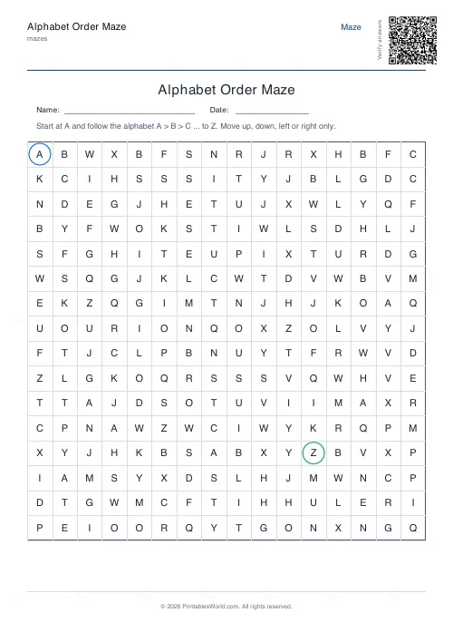 Free printable alphabet order maze (16×16, with answer key), PDF download
