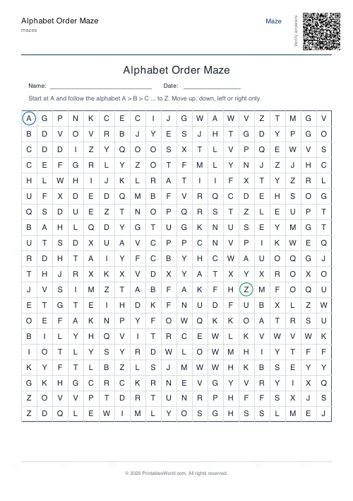 Free printable alphabet order maze (20×20, with answer key), PDF download
