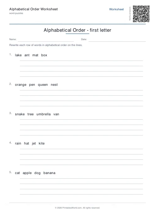 Free printable alphabetical order worksheet — First letter — PDF download