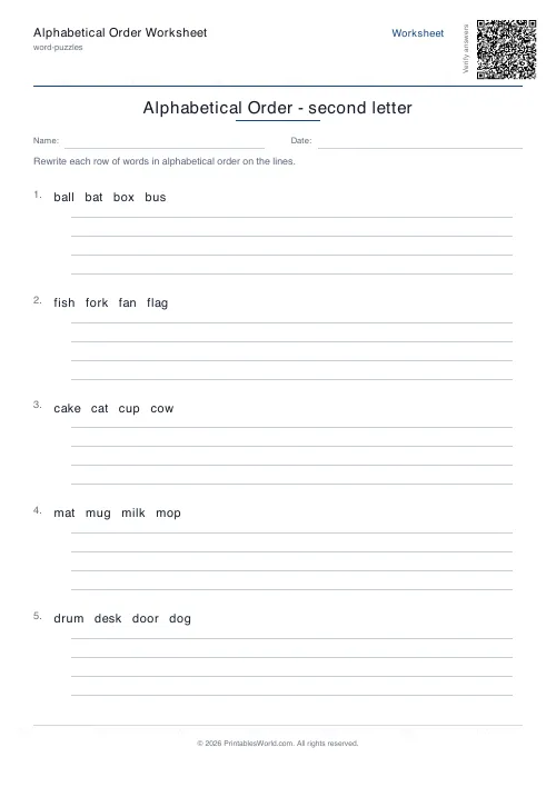 Free printable alphabetical order worksheet — Second letter — PDF download