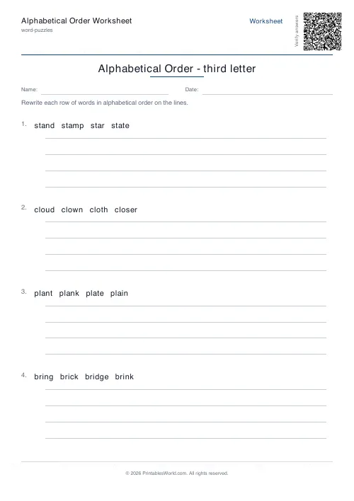 Free printable alphabetical order worksheet — Third letter — PDF download