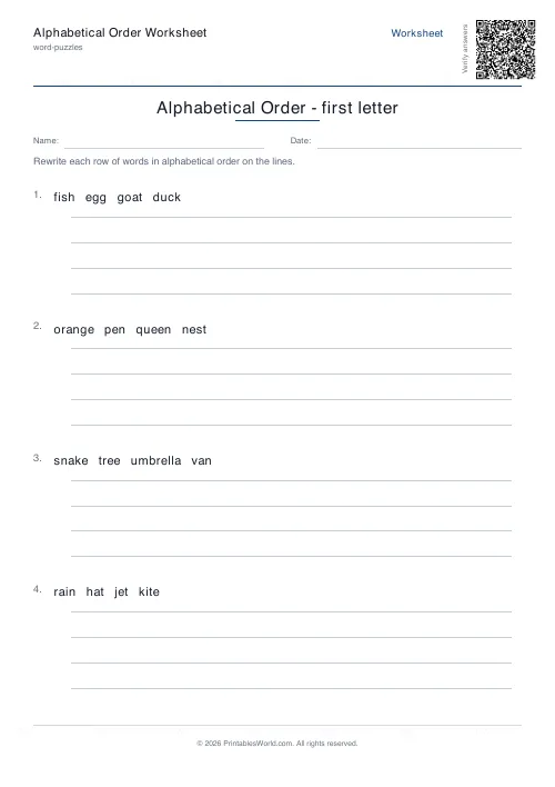 Free printable alphabetical order worksheet — 4 problems — PDF download