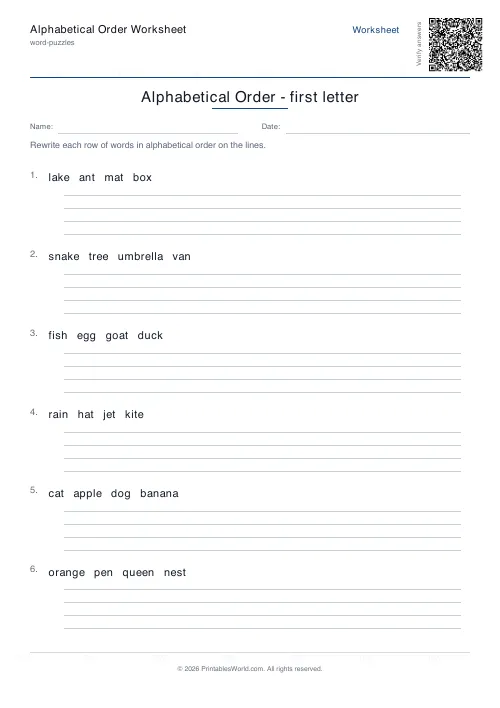 Free printable alphabetical order worksheet — 6 problems — PDF download