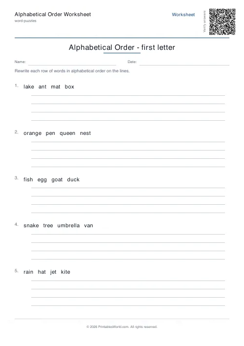 Free printable alphabetical order worksheet — First letter, with answer key — PDF download