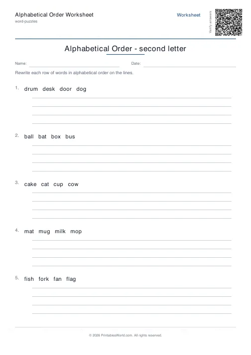 Free printable alphabetical order worksheet — Second letter, with answer key — PDF download