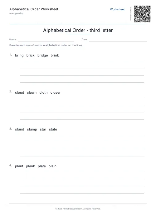 Free printable alphabetical order worksheet — Third letter, with answer key — PDF download