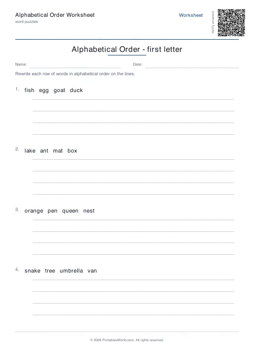 Free printable alphabetical order worksheet — 4 problems, with answer key — PDF download