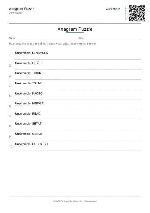 Free printable anagram puzzle (10 words), PDF download
