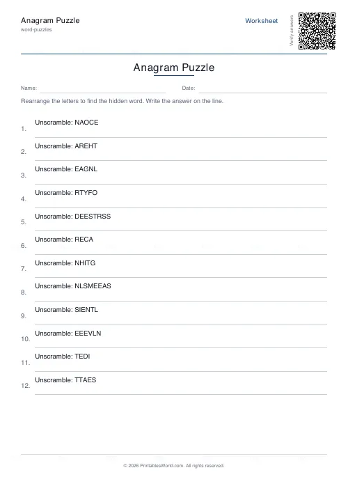 Free printable anagram puzzle (20 words), PDF download
