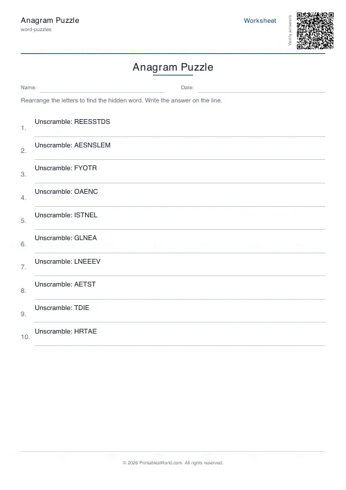 Free printable anagram puzzle (10 words, with answer key), PDF download