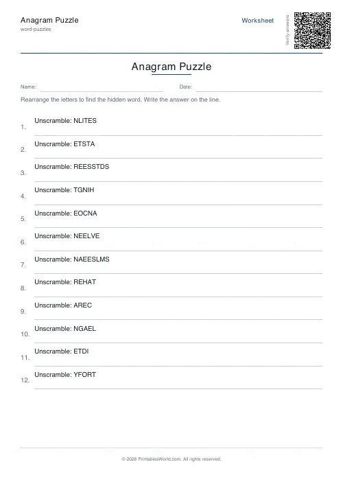 Free printable anagram puzzle (20 words, with answer key), PDF download
