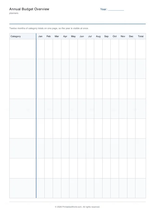 Free printable annual budget overview (8 rows), PDF download