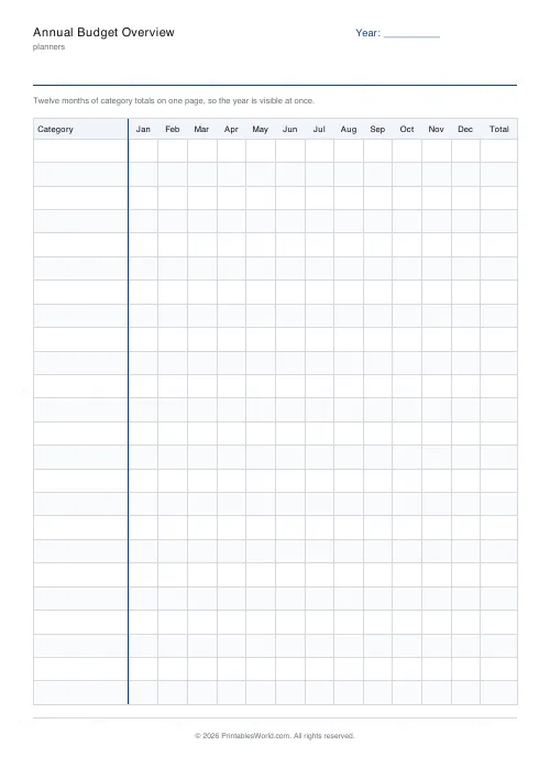 Free printable annual budget overview (24 rows), PDF download
