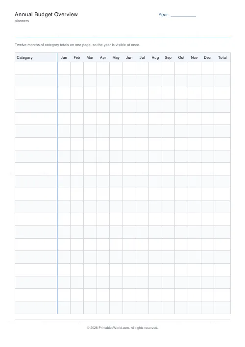 Free printable annual budget overview (No name and date band), PDF download