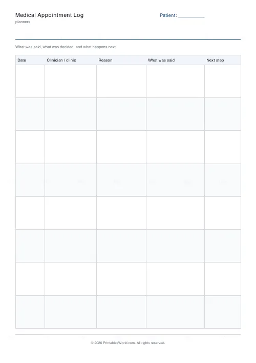 Free printable medical appointment log (8 rows), PDF download