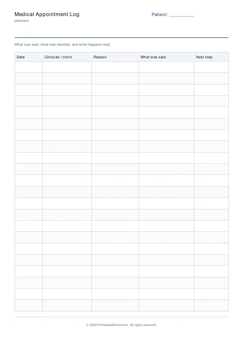 Free printable medical appointment log (22 rows), PDF download