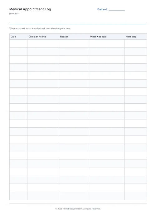 Free printable medical appointment log (No name and date band), PDF download