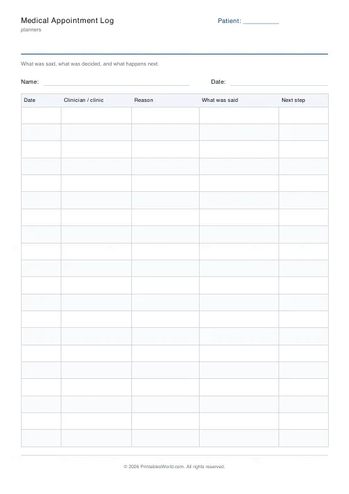 Free printable medical appointment log (With a name and date band), PDF download