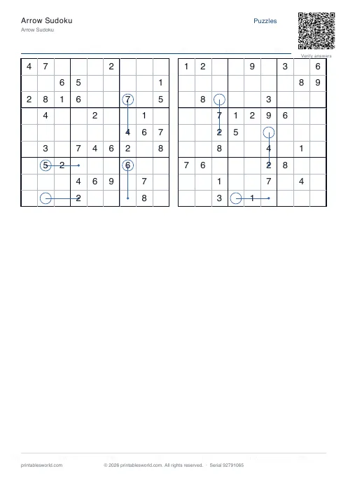 Free printable arrow Sudoku PDF — sheet 11