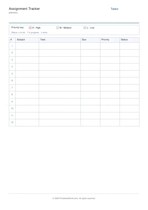 Free printable assignment tracker (12 rows), PDF download