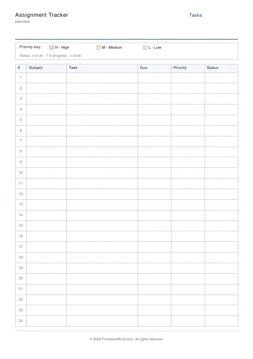 Free printable assignment tracker (24 rows), PDF download
