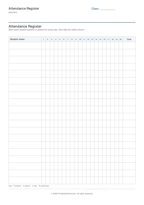 Free printable attendance register — 20 days — PDF download