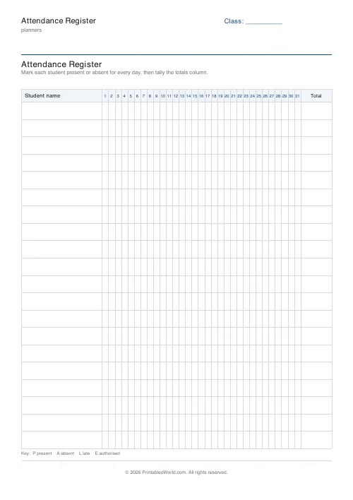 Free printable attendance register — 31 days (full month) — PDF download