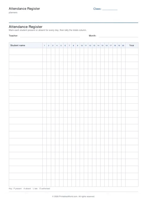 Free printable attendance register — With name/date — PDF download