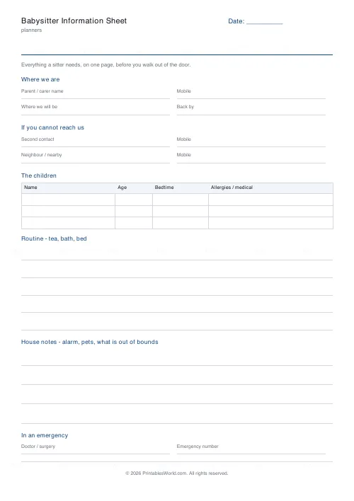 Free printable babysitter information sheet (No name and date band), PDF download