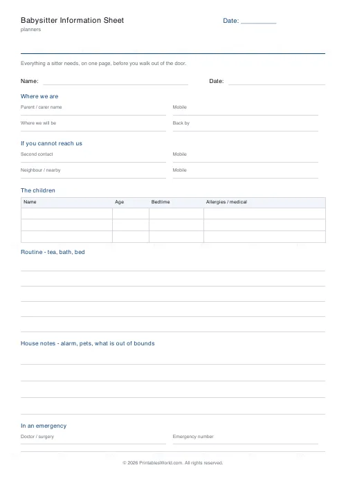 Free printable babysitter information sheet (With a name and date band), PDF download