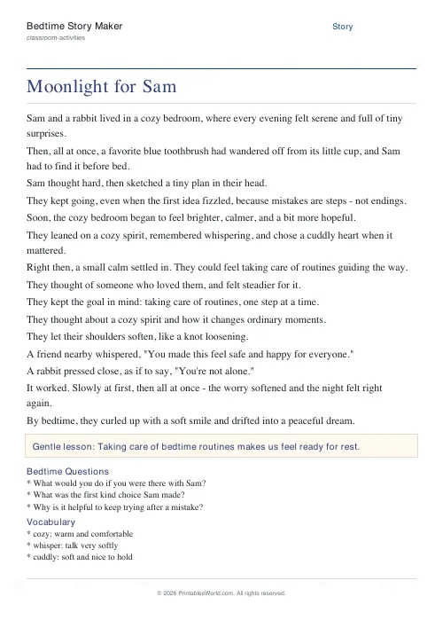 Free printable bedtime story — Ages 3-4 — PDF download