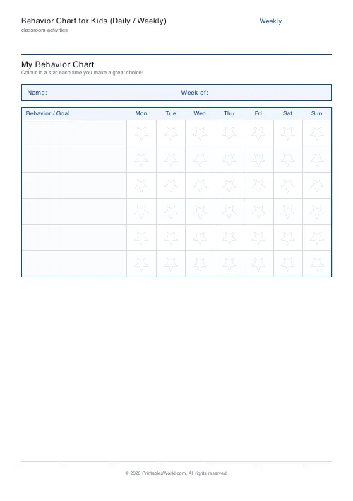 Free printable kids behavior chart — Weekly (7 days) — PDF download