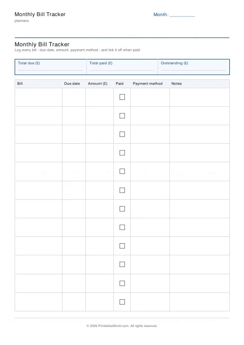 Free printable bill tracker (Pounds (GBP)), PDF download