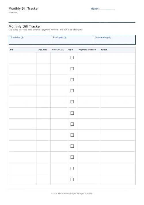 Free printable bill tracker (Dollars (USD)), PDF download
