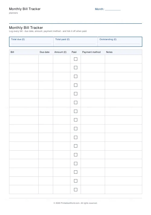 Free printable bill tracker (16 bills), PDF download