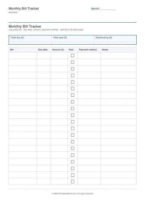 Free printable bill tracker (20 bills), PDF download