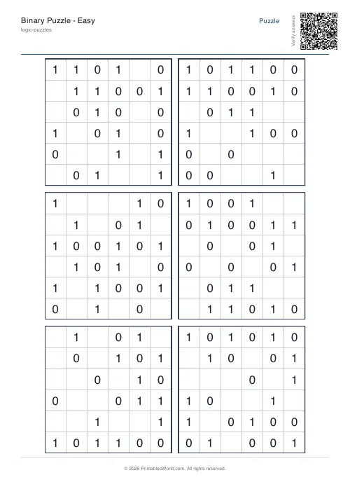 Free printable binary puzzle — Easy — PDF download