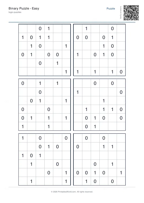 Free printable binary puzzle (Hard, with answer key), PDF download