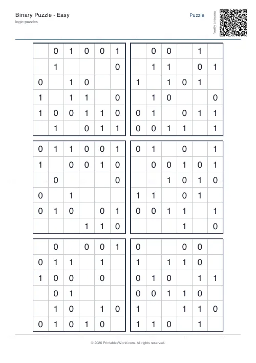 Free printable binary puzzle (6x6, with answer key), PDF download