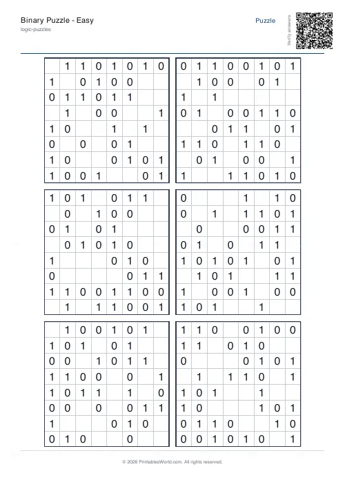 Free printable binary puzzle (8x8, with answer key), PDF download