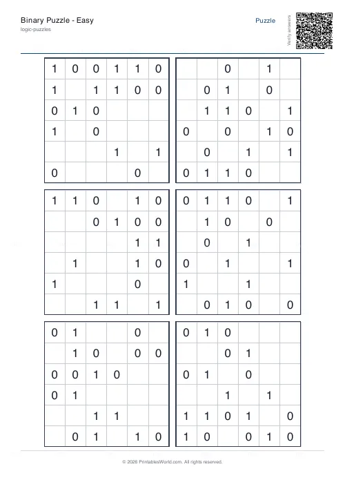 Free printable binary puzzle (Medium), PDF download