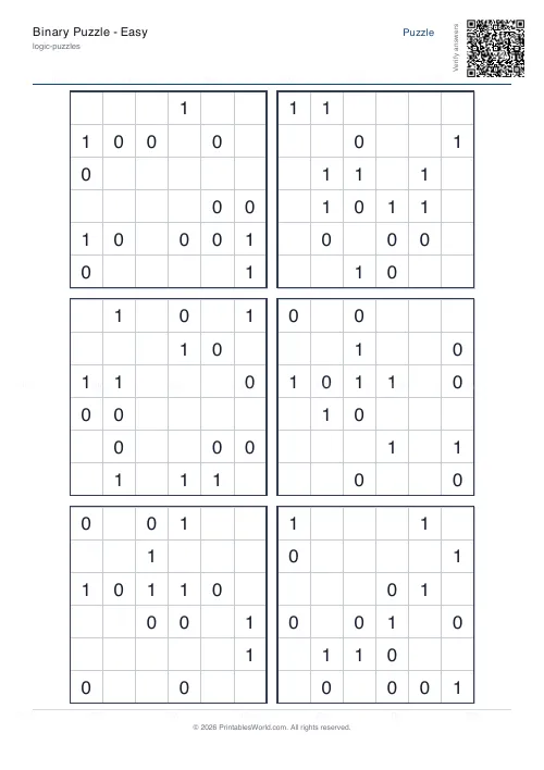 Free printable binary puzzle (Hard), PDF download