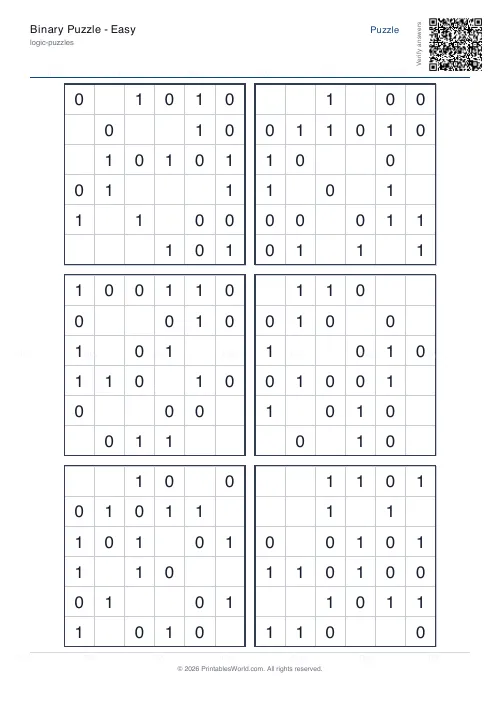 Free printable binary puzzle (6x6), PDF download