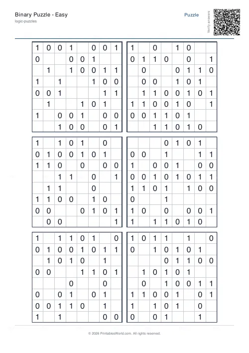 Free printable binary puzzle (8x8), PDF download