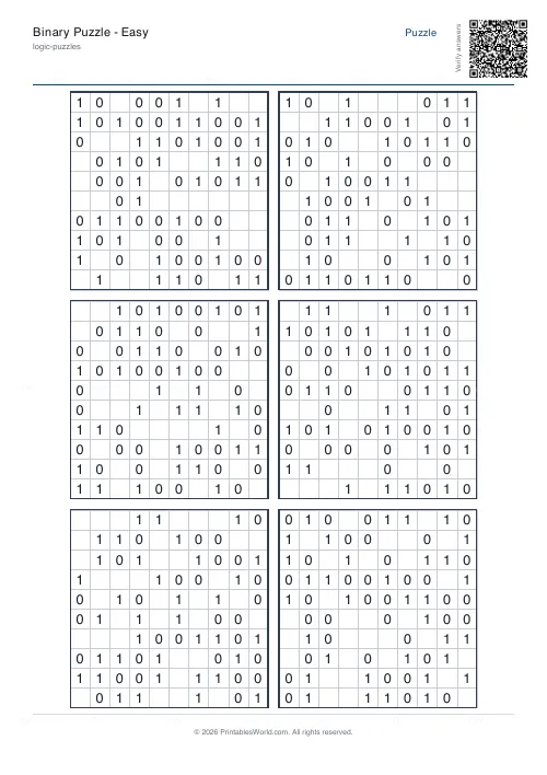 Free printable binary puzzle (10x10), PDF download