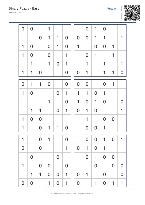 Free printable binary puzzle (Easy, with answer key), PDF download
