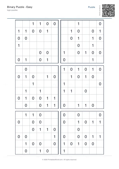 Free printable binary puzzle (Medium, with answer key), PDF download