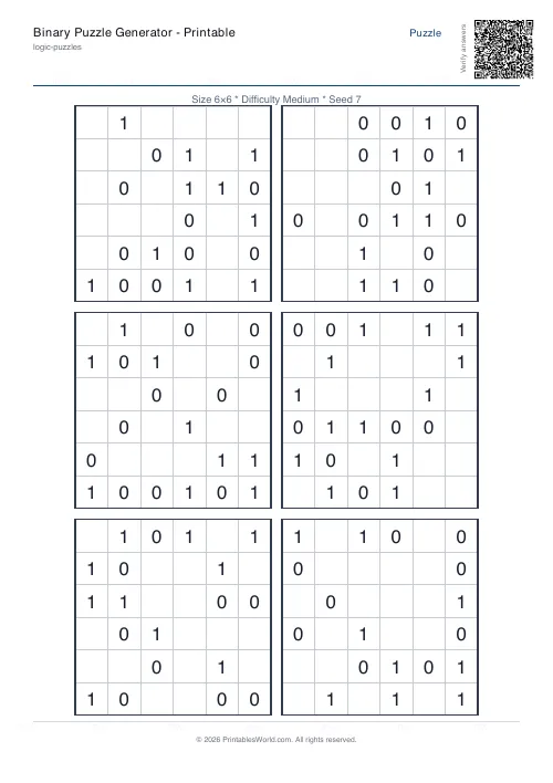 Free printable binary puzzle — 6x6, with answer key — PDF download