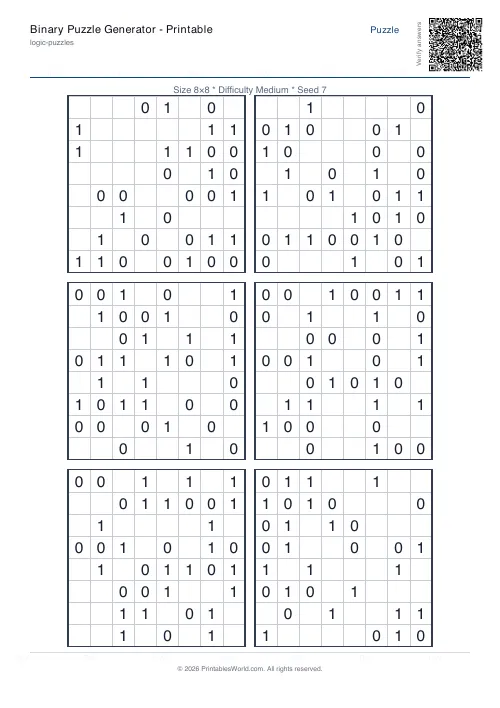 Free printable binary puzzle — 8x8, with answer key — PDF download
