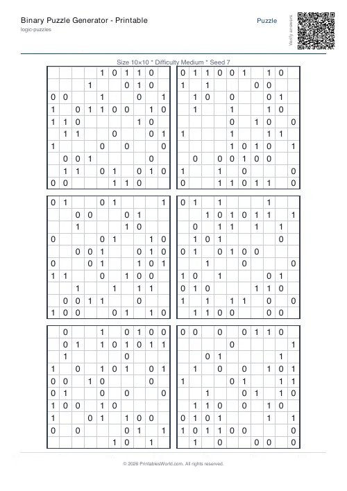 Free printable binary puzzle — 10x10, with answer key — PDF download